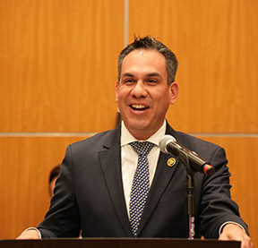 Congressman Pete Aguilar addresses the crowd at the Great Gathering In. 